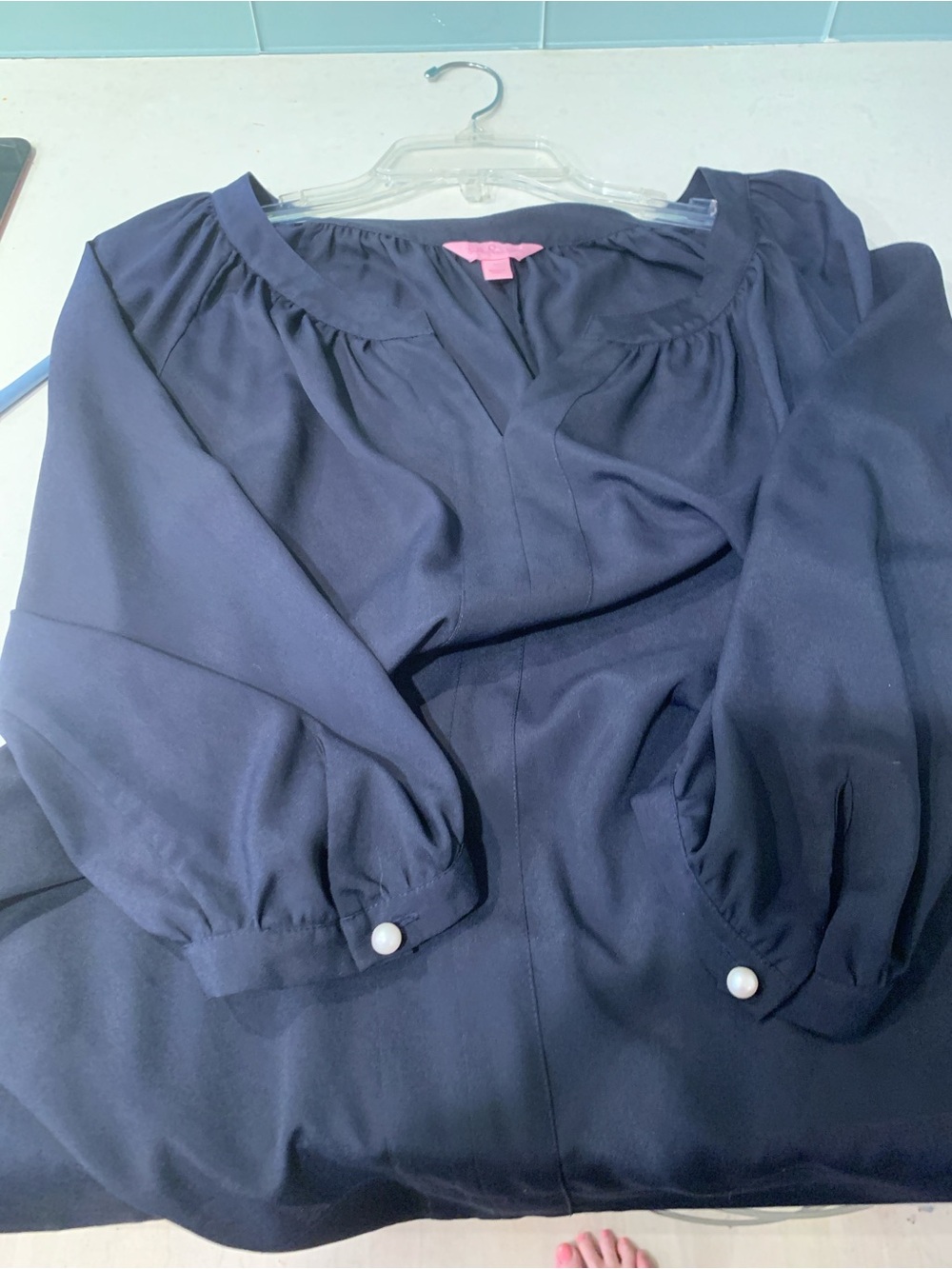 Lilly Pulitzer Navy Split-Neck 3/4 Sleeve Blouse with pearl accent on sleeve M